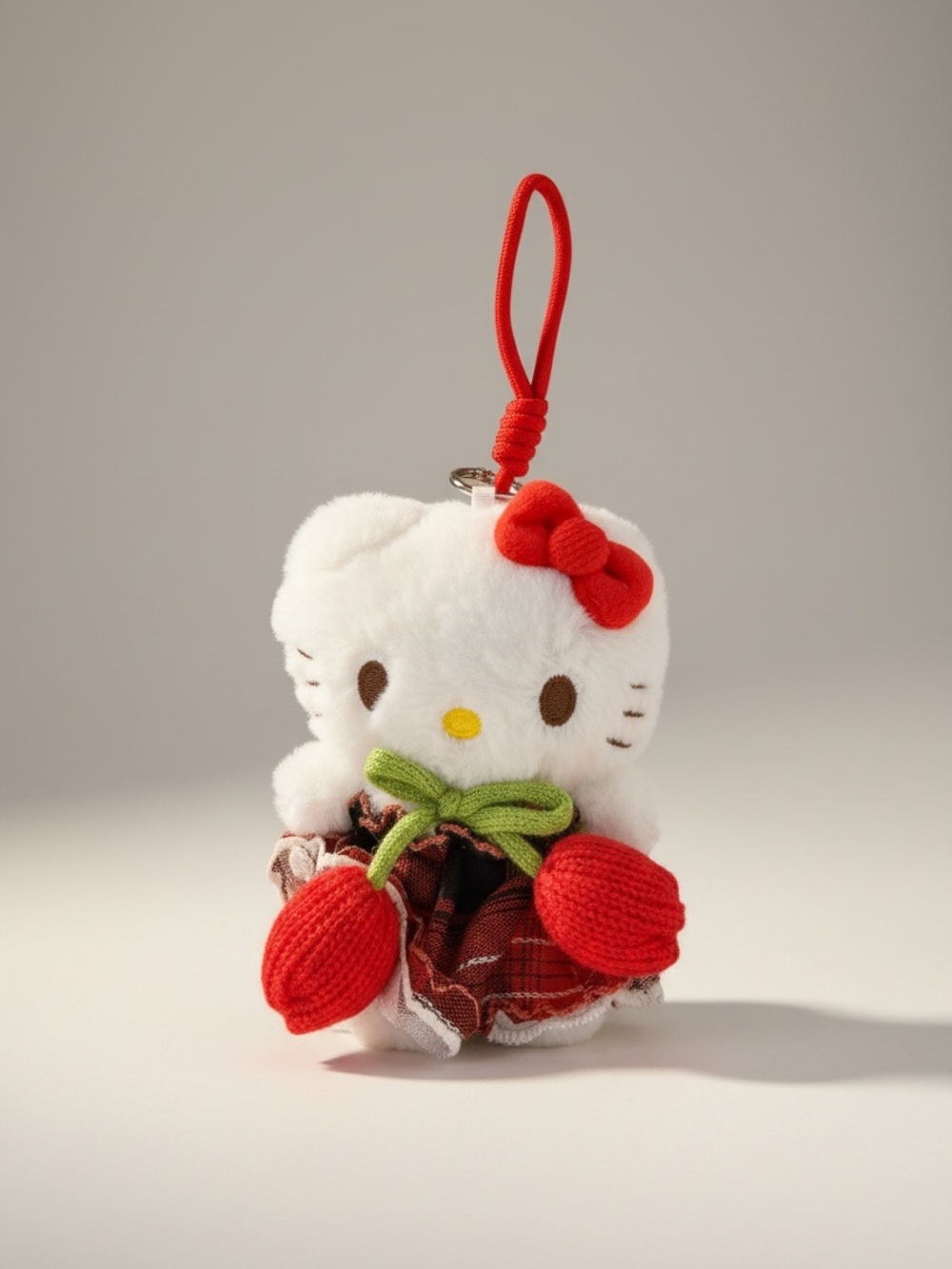 Hello Kitty White Plush Keychain with Red Bow and Green Ribbon